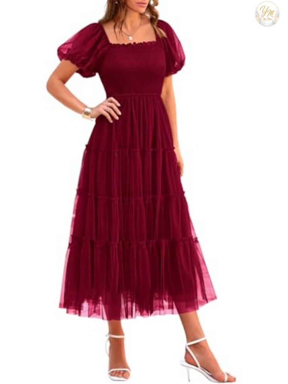 Women's Smocked Midi Tulle Dress Square Neck Puff Sleeve Fit Flare